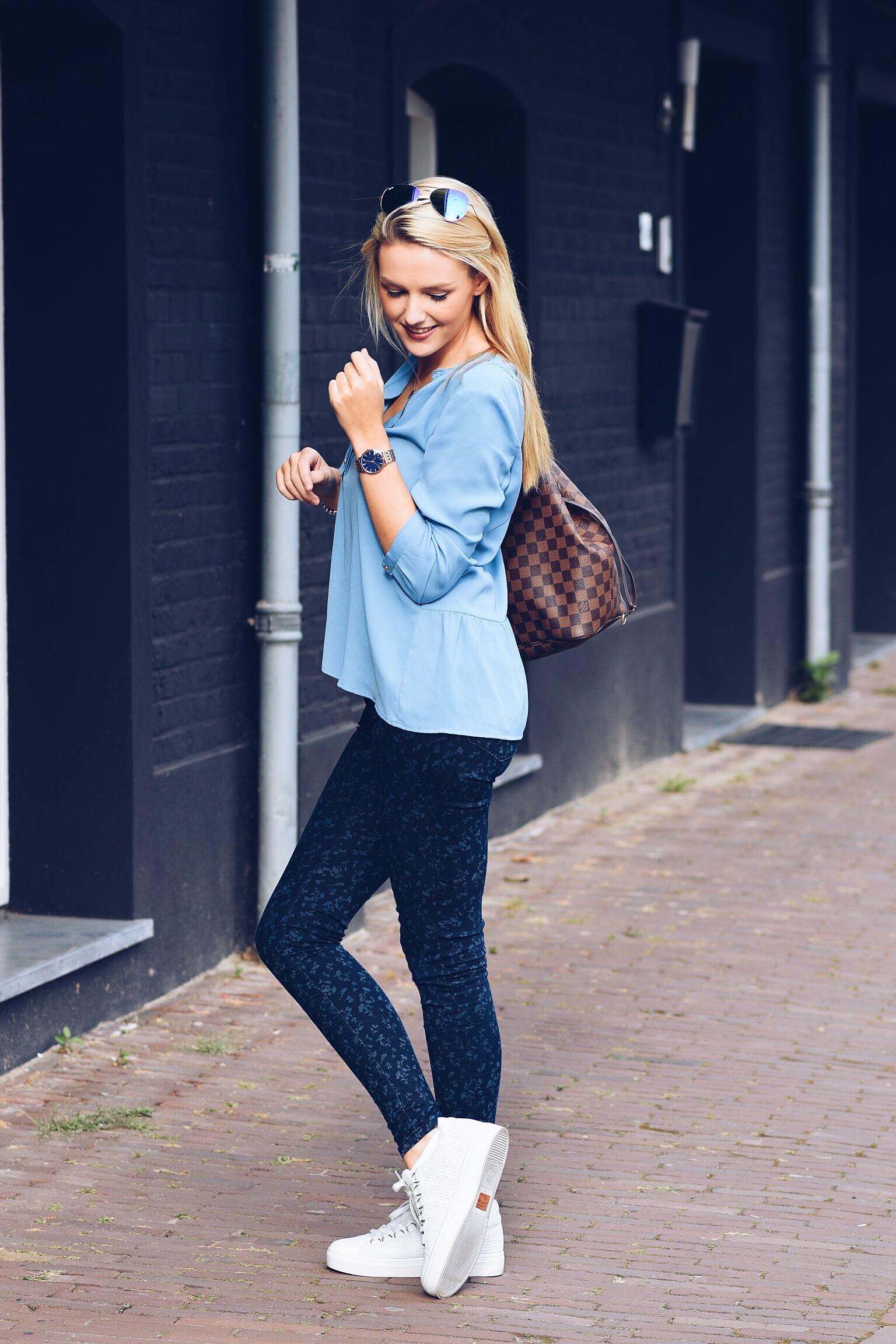 Blue shirts and printed pants